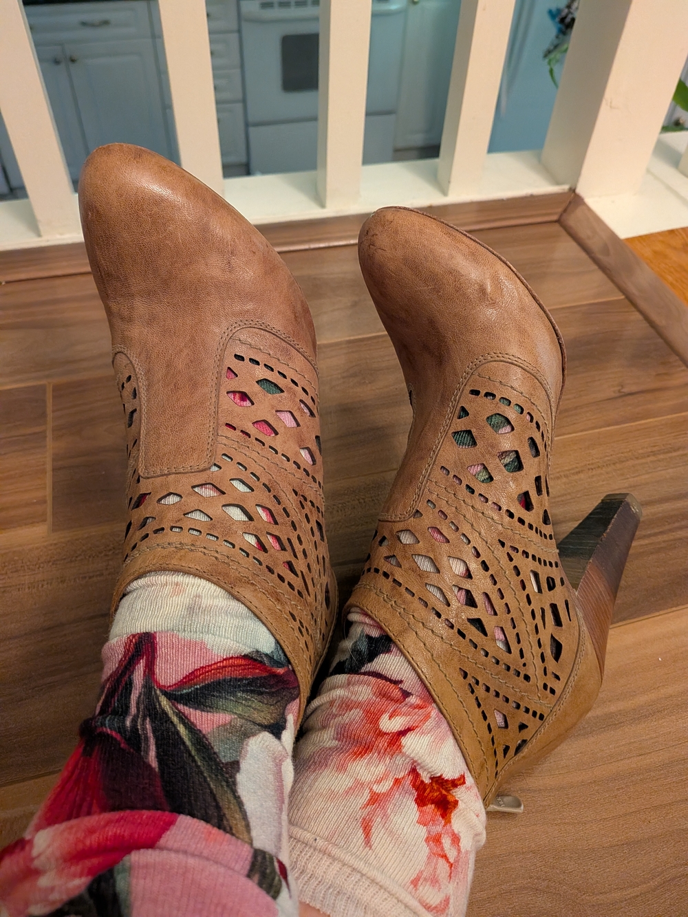 NeroGiardini Laser-Cut Cognac Leather Heeled Booties